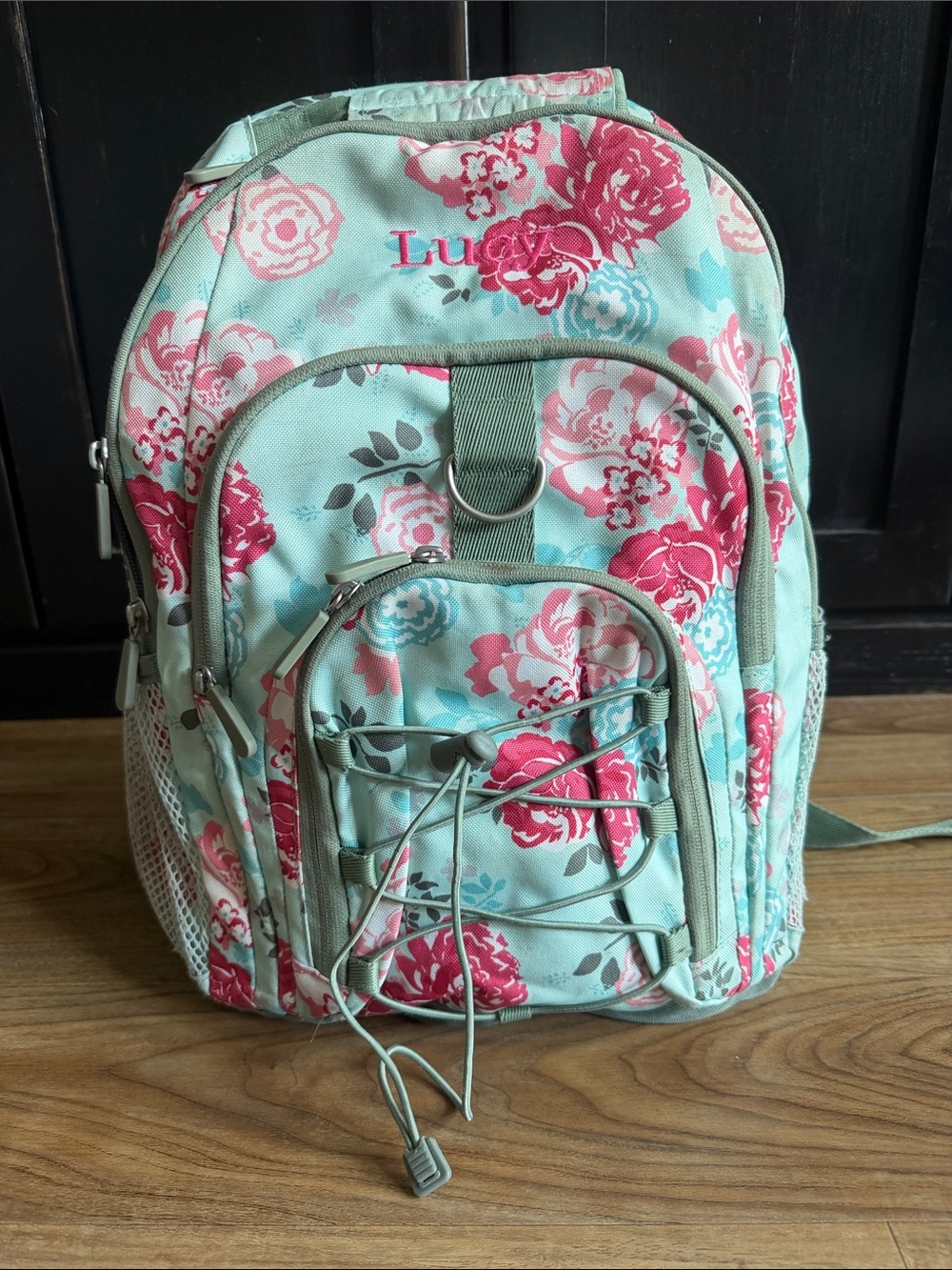 Pottery Barn Teen Mint Backpack with Pink Floral Print “Lucy” monogram